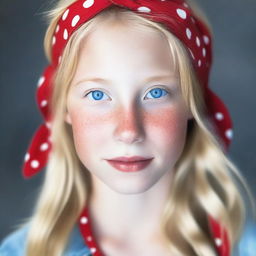 An image of a real blonde-haired, blue-eyed girl wearing a red bandana with small white dots on her head