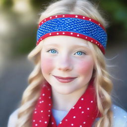 An image of a real blonde-haired, blue-eyed girl wearing a red bandana with small white dots on her head