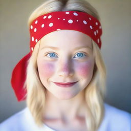 An image of a real blonde-haired, blue-eyed girl wearing a red bandana with small white dots on her head