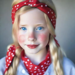 An image of a real blonde-haired, blue-eyed girl wearing a red bandana with small white dots on her head