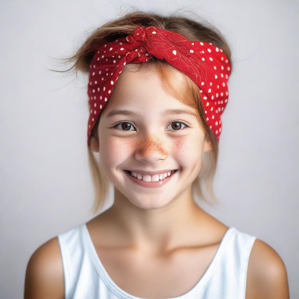 An image of a real-life young girl wearing a red bandana with small white dots on her head