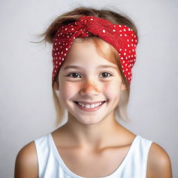 An image of a real-life young girl wearing a red bandana with small white dots on her head