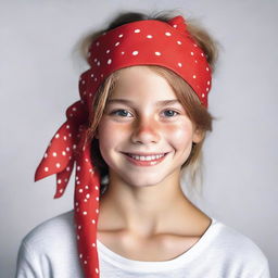 An image of a real-life young girl wearing a red bandana with small white dots on her head