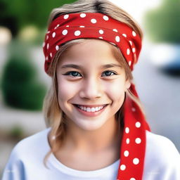 An image of a real-life young girl wearing a red bandana with small white dots on her head