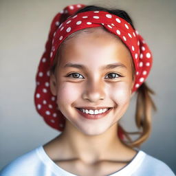 An image of a real-life young girl wearing a red bandana with small white dots on her head