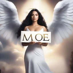 Create an image of a Latina goddess with curvy features, huge white wings, and glowing eyes