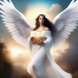 Create an image of a Latina goddess with curvy features, huge white wings, and glowing eyes