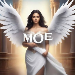 Create an image of a Latina goddess with curvy features, huge white wings, and glowing eyes