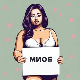 Create an image of a sexy, curvy girl with prominent features, holding up a sign with the word 'moe' written on it