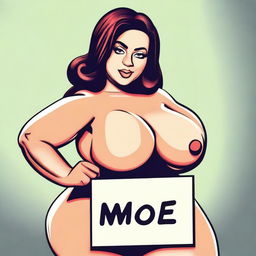 Create an image of a sexy, curvy girl with prominent features, holding up a sign with the word 'moe' written on it