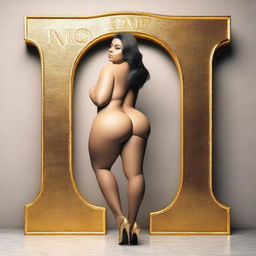 Create an image of a beautiful, curvy, and rich girl leaning against a sign made out of gold