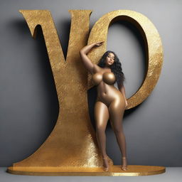 Create an image of a beautiful, curvy, and rich girl leaning against a sign made out of gold