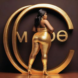 Create an image of a beautiful, curvy, and rich girl leaning against a sign made out of gold