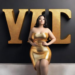 Create an image of a beautiful, curvy, and rich girl leaning against a sign made out of gold