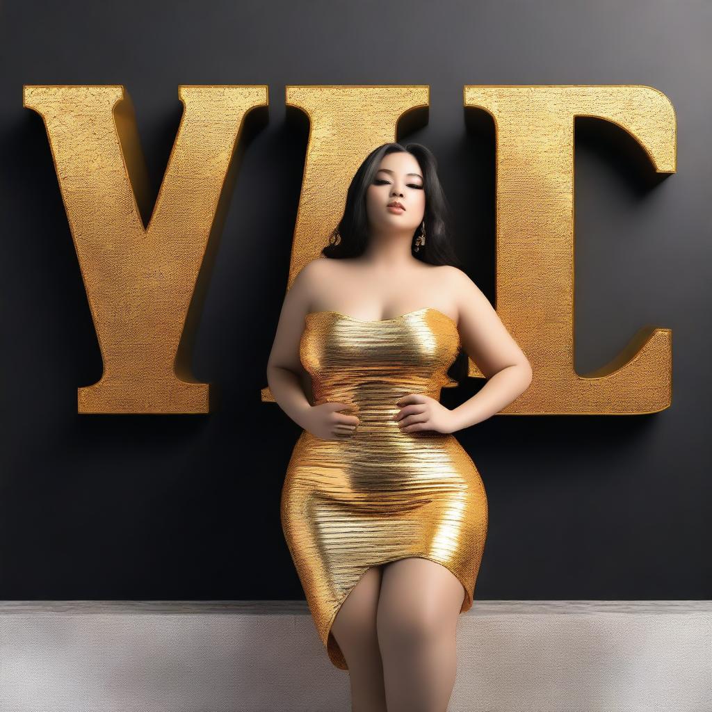 Create an image of a beautiful, curvy, and rich girl leaning against a sign made out of gold
