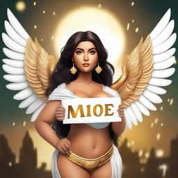 Create an image of a very rich, cute, curvy Latina with large features