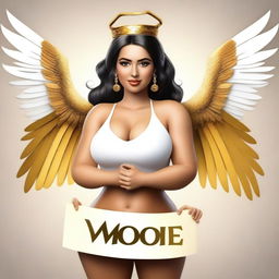 Create an image of a very rich, cute, curvy Latina with large features