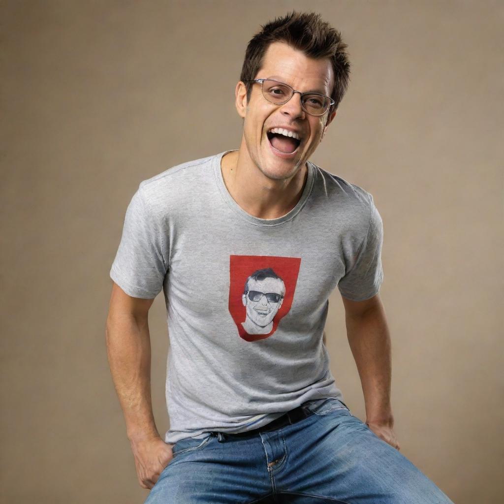 A realistic and detailed portrayal of Johnny Knoxville, best known for Jackass. He is dressed in casual clothes, smiling mischievously, and posed in action hinting at a daring stunt.