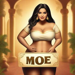 Create an image of a very rich, cute, curvy Latina with large features