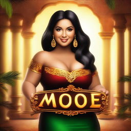 Create an image of a very rich, cute, curvy Latina with large features
