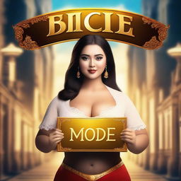 Create an image of a very rich, cute, curvy yet slim woman with large features