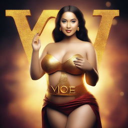 Create an image of a very rich, cute, curvy yet slim woman with large features