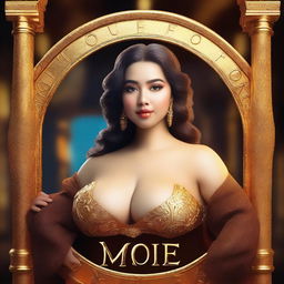 Create an image of a very rich, cute, curvy yet slim woman with large features