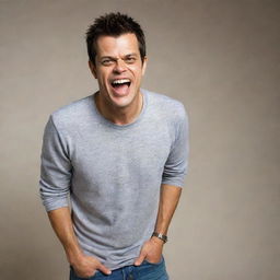 A realistic and detailed portrayal of Johnny Knoxville, best known for Jackass. He is dressed in casual clothes, smiling mischievously, and posed in action hinting at a daring stunt.