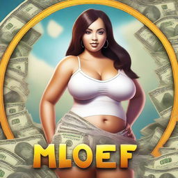 Create a very realistic image of a cute, curvy yet slim woman with large features