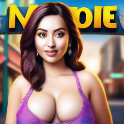 Create a very realistic image of a cute, curvy yet slim woman with large features