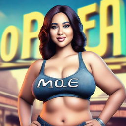 Create a very realistic image of a cute, curvy yet slim woman with large features