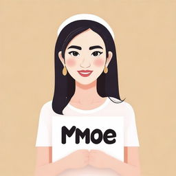 Create an image of a girl who exudes wealth, holding a sign in her hands with the name 'moe' written on it