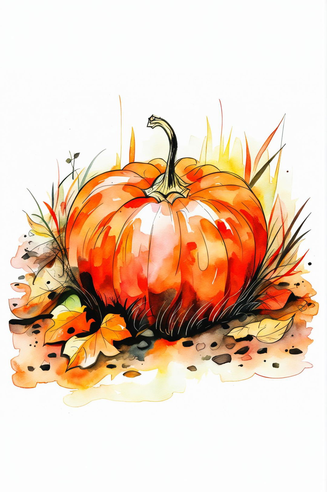 This is a request for another watercolour painting of a pumpkin, viewed from a different angle, with more emphasis on shadows and highlights and a more detailed background