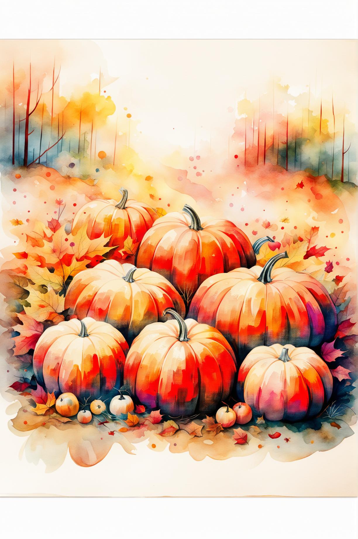This is a request for a different watercolour painting featuring an array of pumpkins scattered across a field with a hint of an autumnal forest in the background