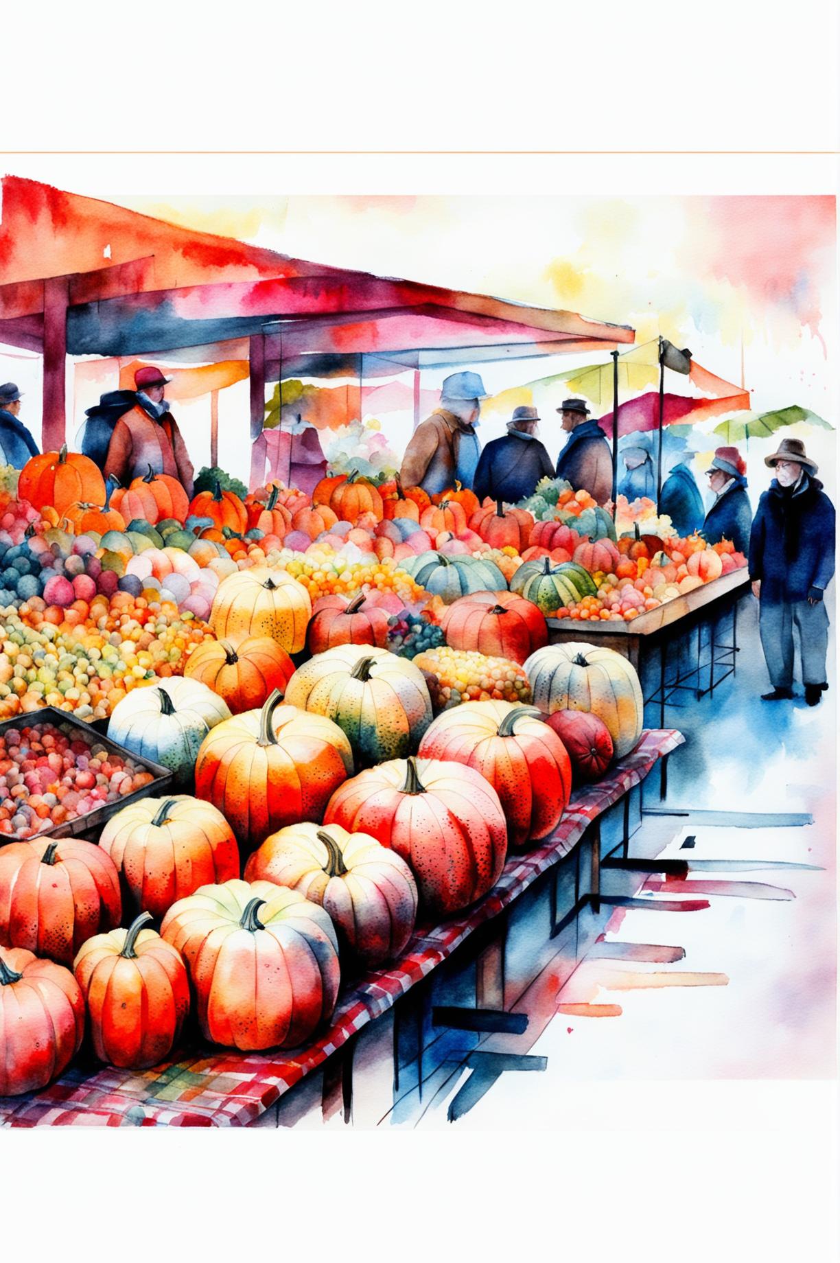This is a request for a different watercolour painting featuring a market scene with pumpkins for sale