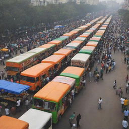 An energetic food truck park filled with various cuisines bustling in the lively area of the Republic Day parade.