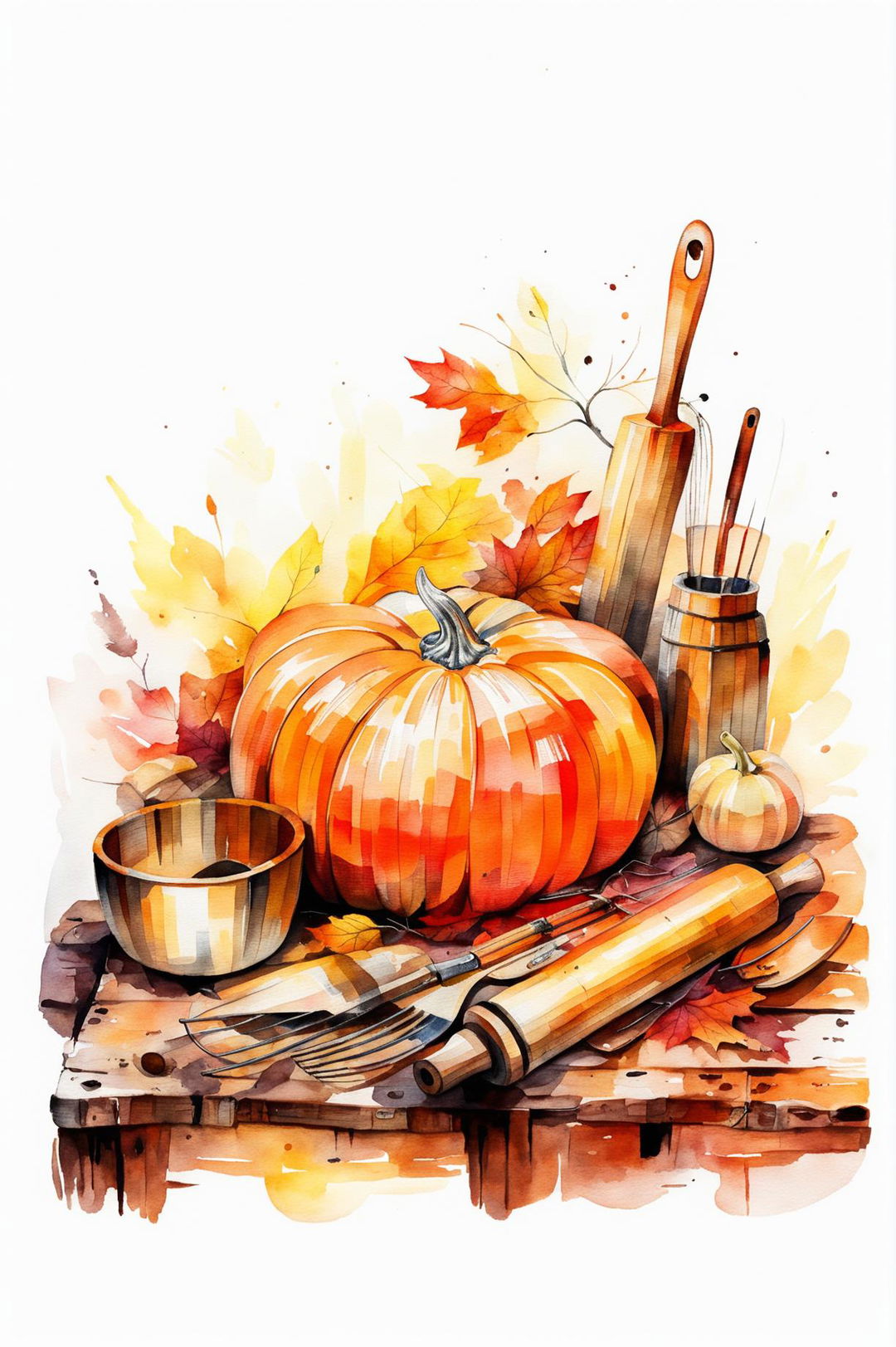 This is a request for a different watercolour painting featuring a pumpkin and baking cutlery on a table