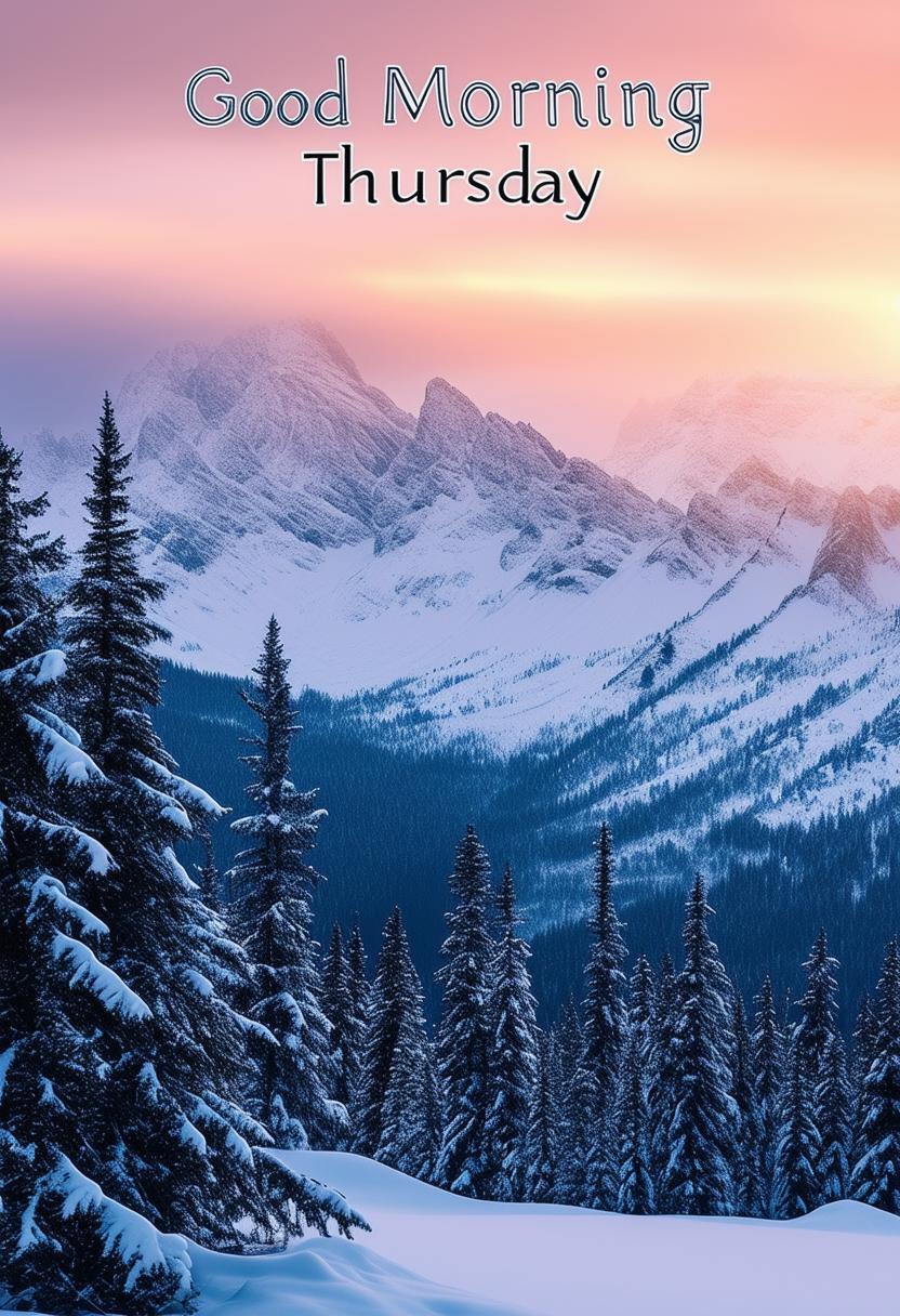 A minimalistic Christian book cover titled "Good Morning Thursday" featuring a stunning, high definition photograph of a snow-covered winter mountain range
