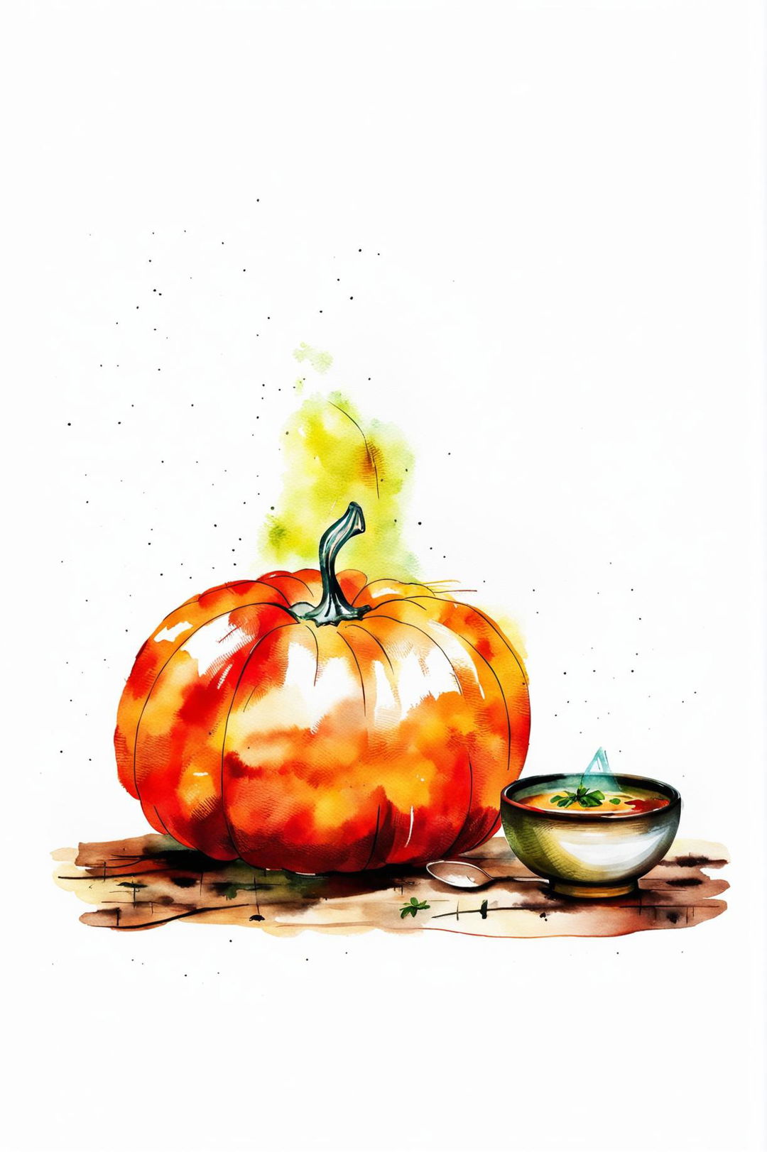 This is a request for a different watercolour painting featuring a pumpkin next to a bowl of soup