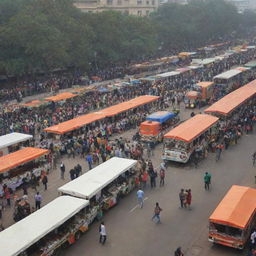 An energetic food truck park filled with various cuisines bustling in the lively area of the Republic Day parade.