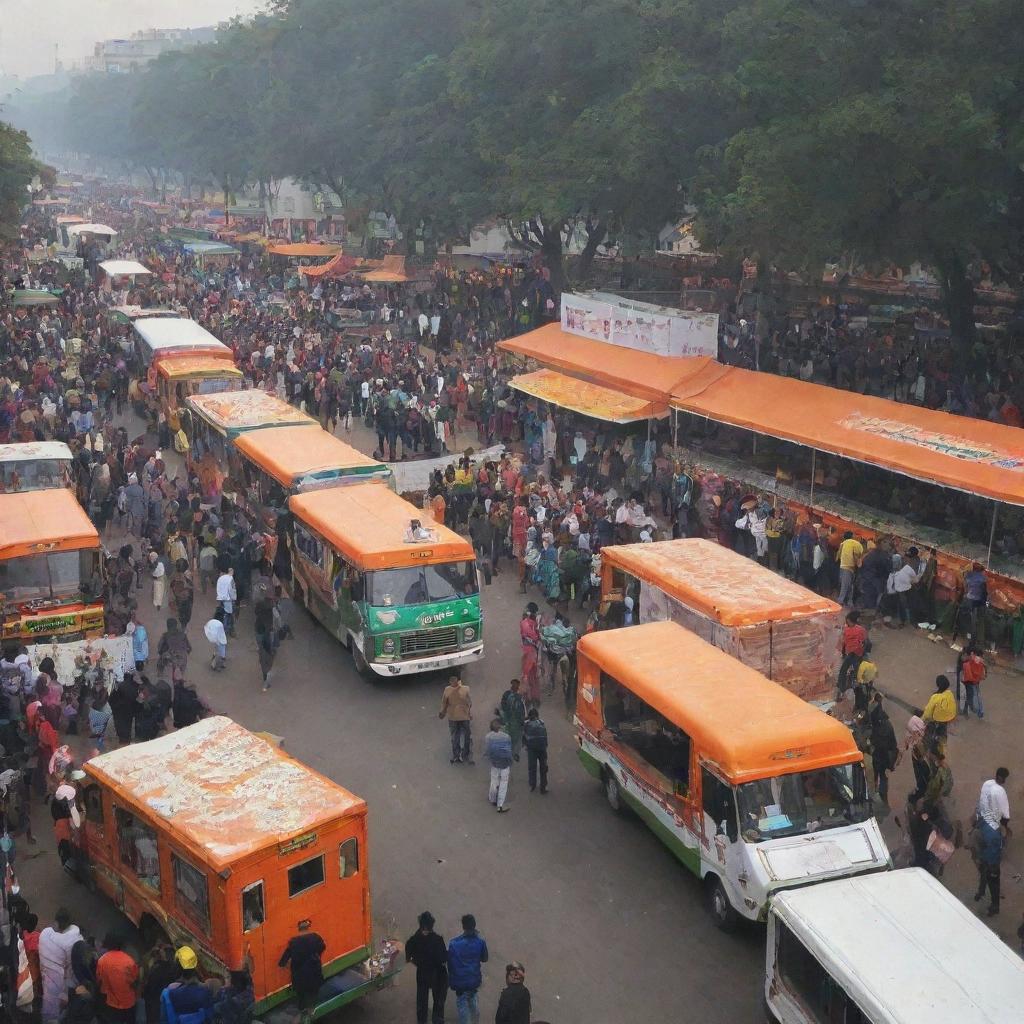 An energetic food truck park filled with various cuisines bustling in the lively area of the Republic Day parade.