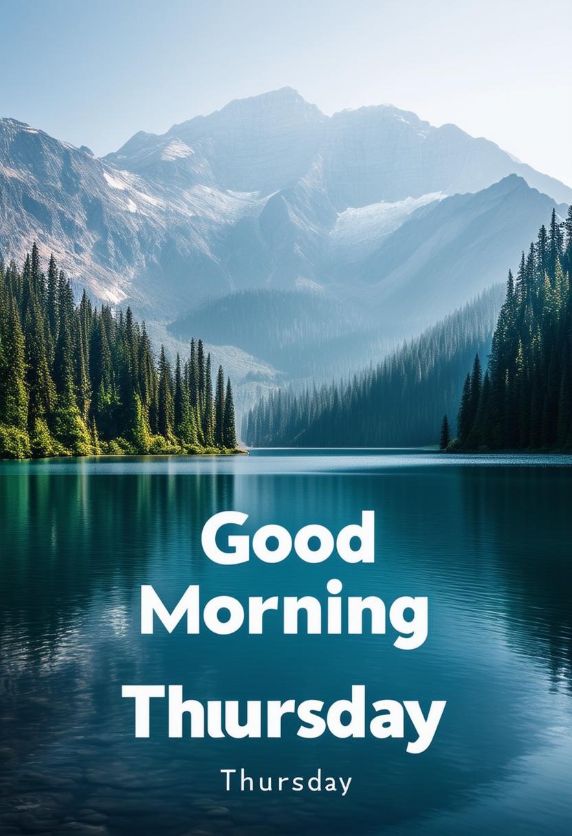 A minimalistic Christian book cover titled "Good Morning Thursday" featuring a high-definition photograph of a calm, scenic mountain landscape as the background