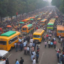 An energetic food truck park filled with various cuisines bustling in the lively area of the Republic Day parade.