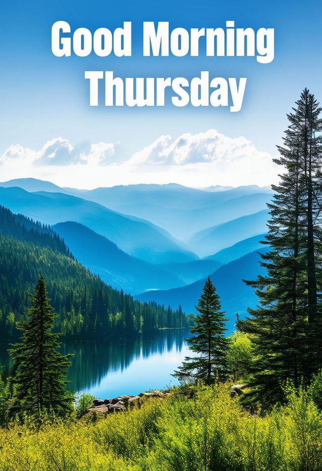 A Christian book cover for "Good Morning Thursday" featuring a high-definition photograph of a calm, scenic mountain landscape as the background