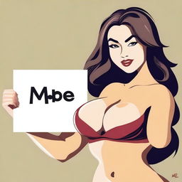 Create an image of a sexy, curvy girl with prominent features, holding up a sign with the word 'moe' written on it
