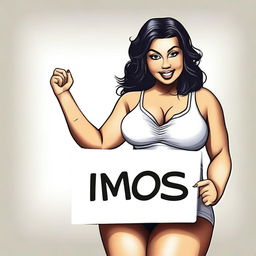 Create an image of a sexy, curvy girl with prominent features, holding up a sign with the word 'moe' written on it