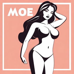 Create an image of a sexy, curvy girl with prominent features, holding up a sign with the word 'moe' written on it