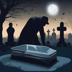 Create an image of a mysterious man digging up a glass coffin containing a dead woman in a dark cemetery at night