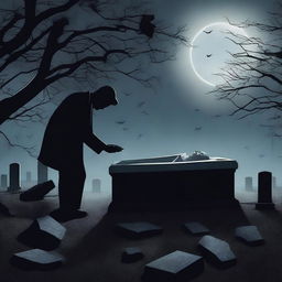 Create an image of a mysterious man digging up a glass coffin containing a dead woman in a dark cemetery at night