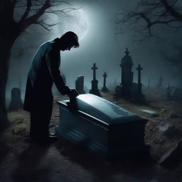 Create an image of a mysterious man digging up a glass coffin containing a dead woman in a dark cemetery at night
